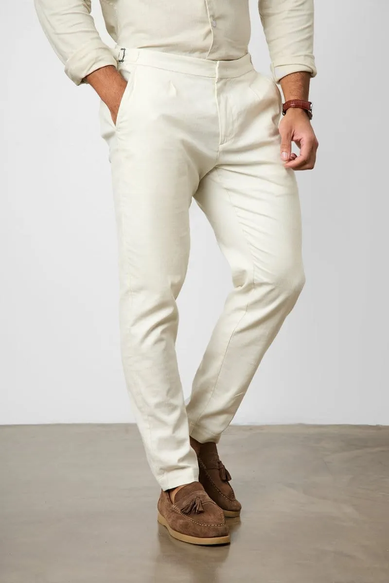 Linen Blend Cropped Pleated Pants in Chalk