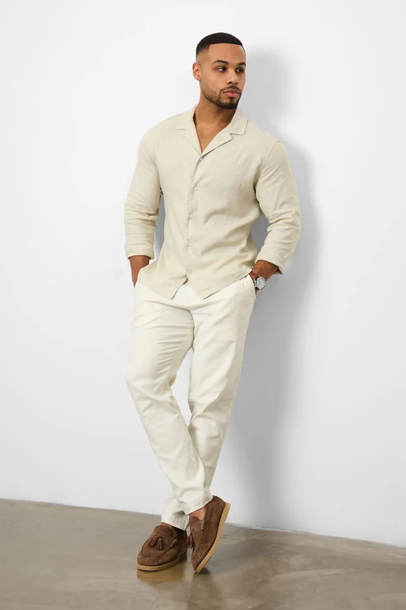 Linen Blend Cropped Pleated Pants in Chalk