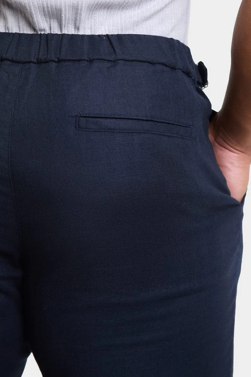 Linen Blend Cropped Pleated Pants in Navy