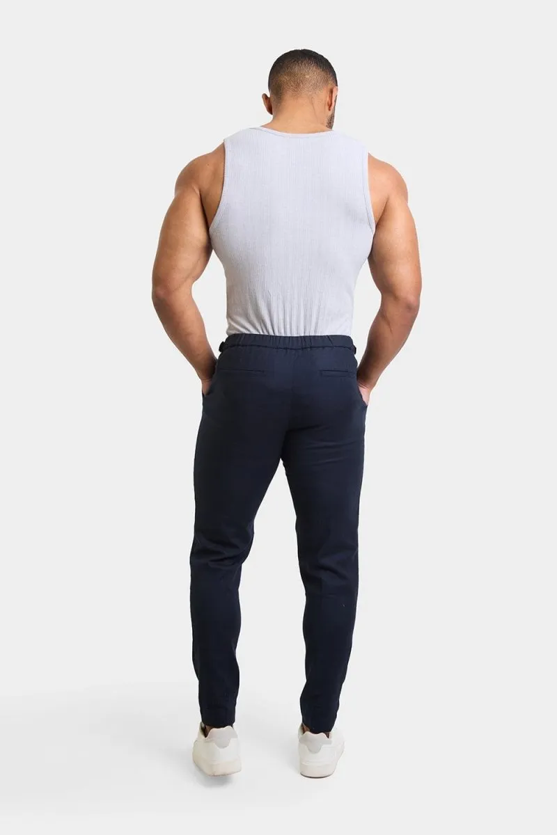 Linen Blend Cropped Pleated Pants in Navy