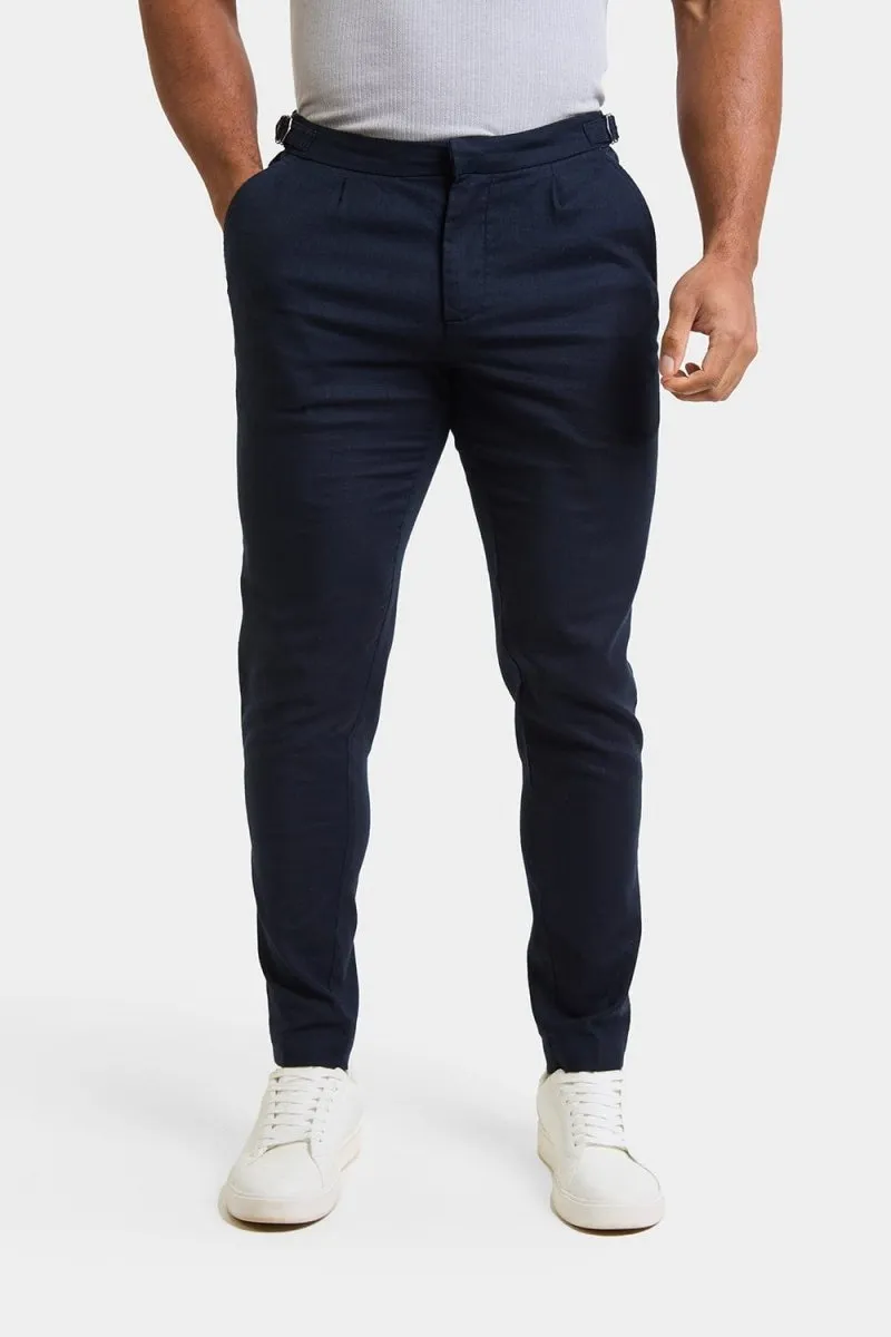 Linen Blend Cropped Pleated Pants in Navy