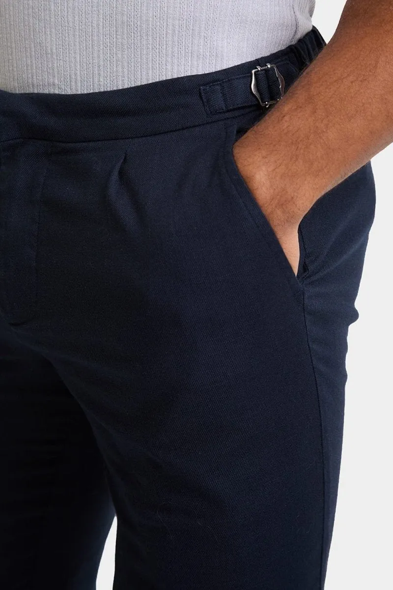 Linen Blend Cropped Pleated Pants in Navy