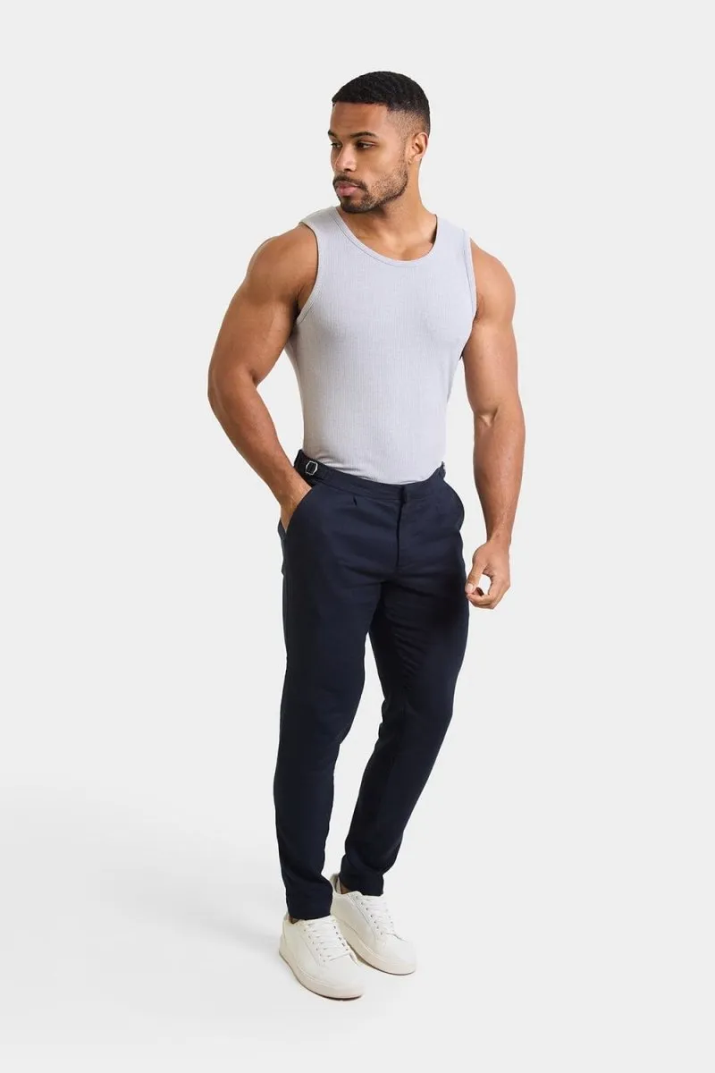 Linen Blend Cropped Pleated Pants in Navy