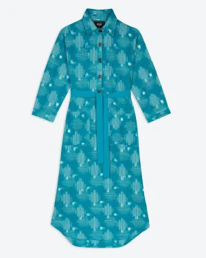 Lowie Handwoven Teal Ikat Shirt Dress