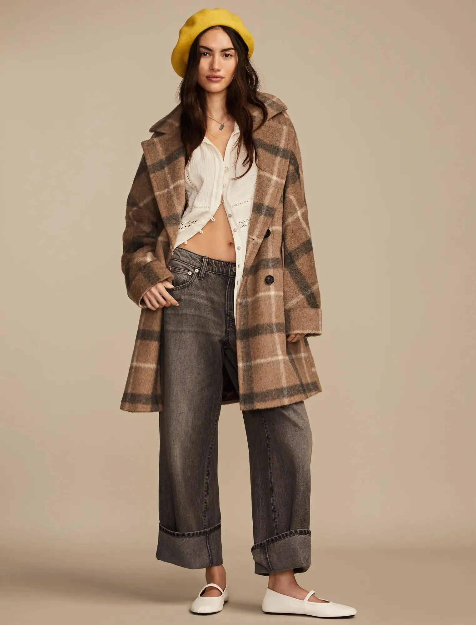 Lucky Brand Women's Brown Plaid Double Breasted Coat