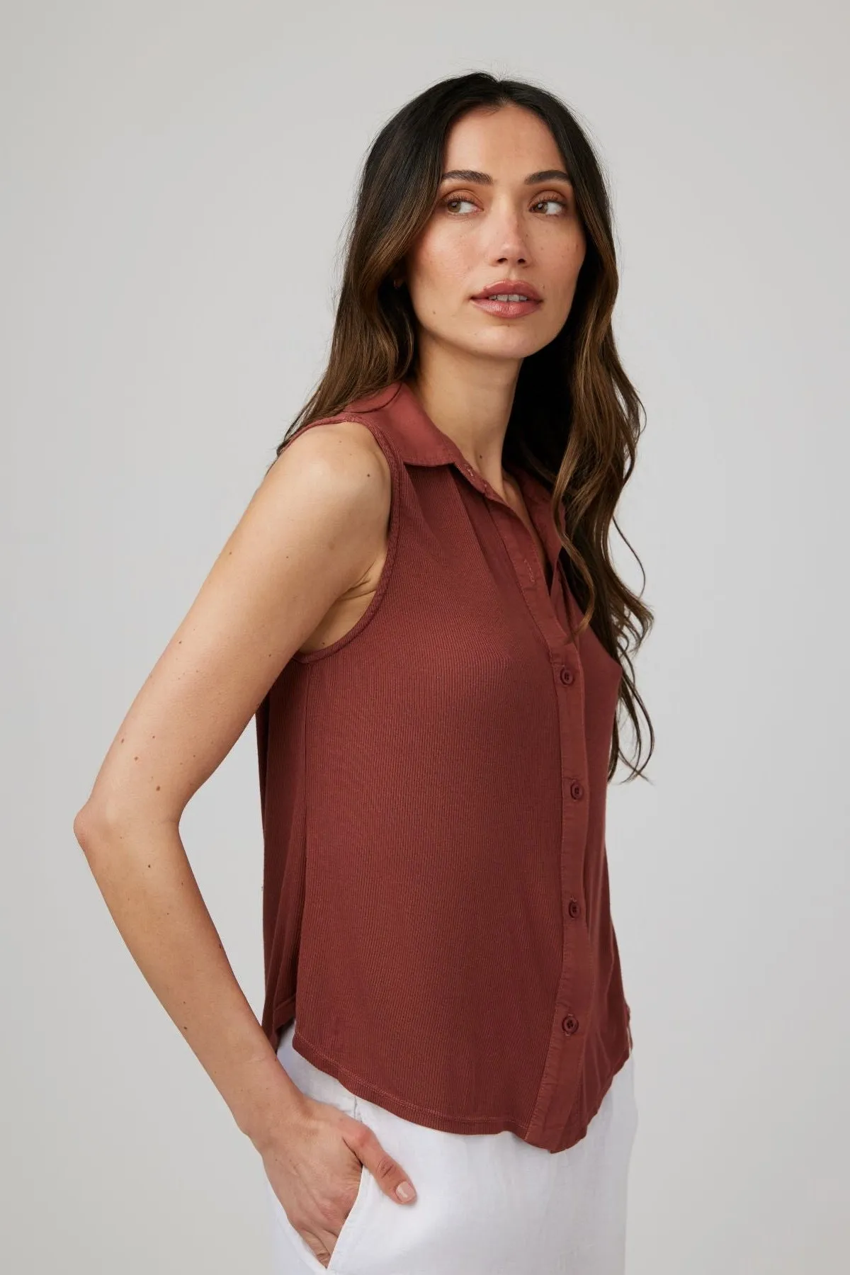 Mixed Sleeveless Button Down - Beachwood