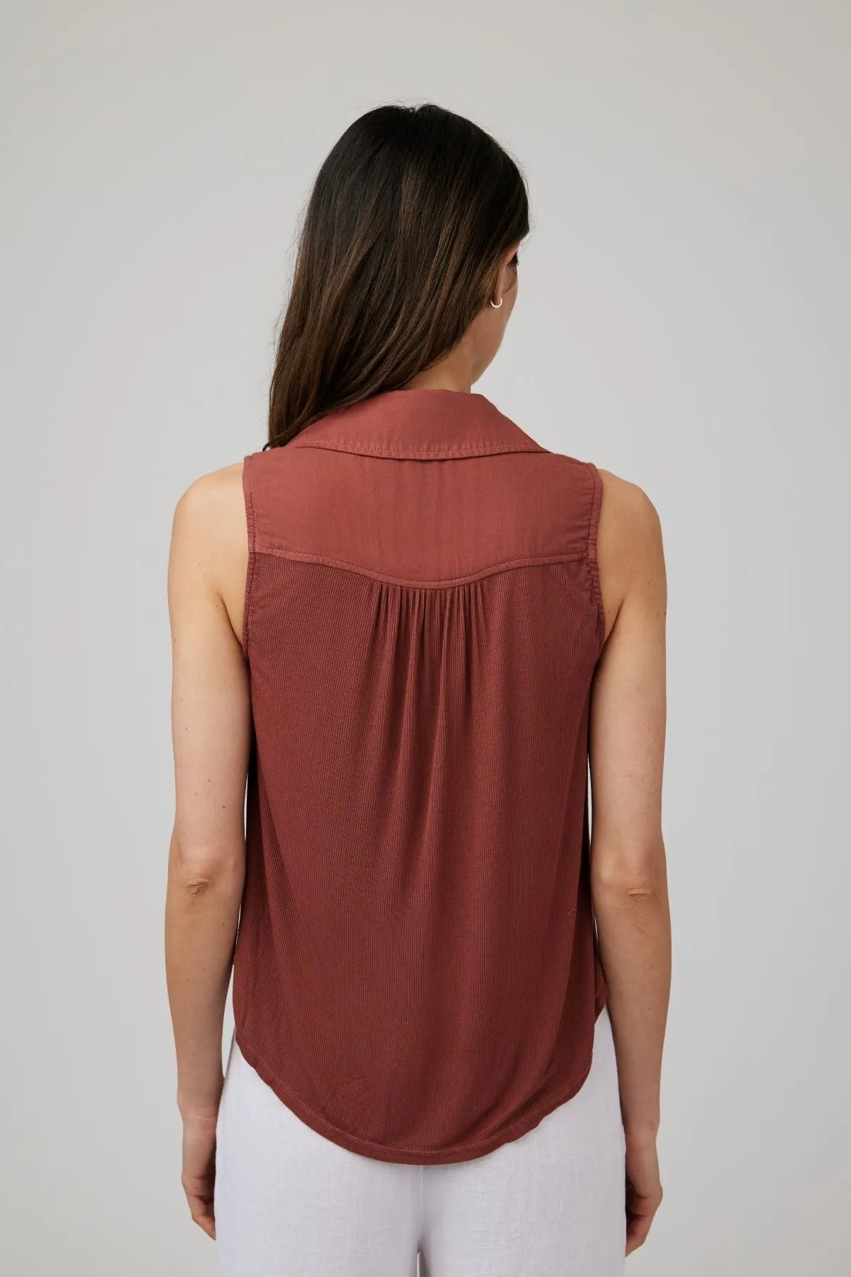 Mixed Sleeveless Button Down - Beachwood