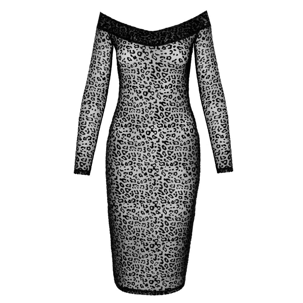Noir Handmade Sheer Leopard Flock Off-Shoulder Midi Dress