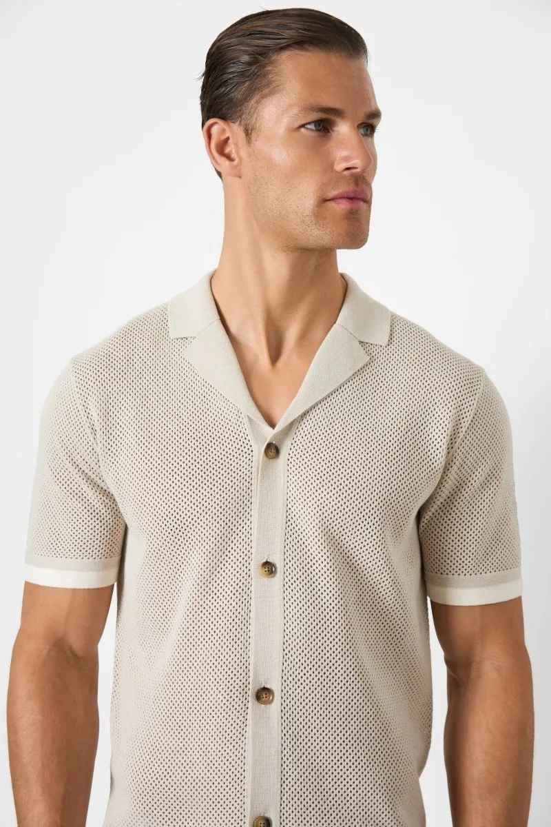 Open Stitch Cuban Collar Knitted Shirt in Stone