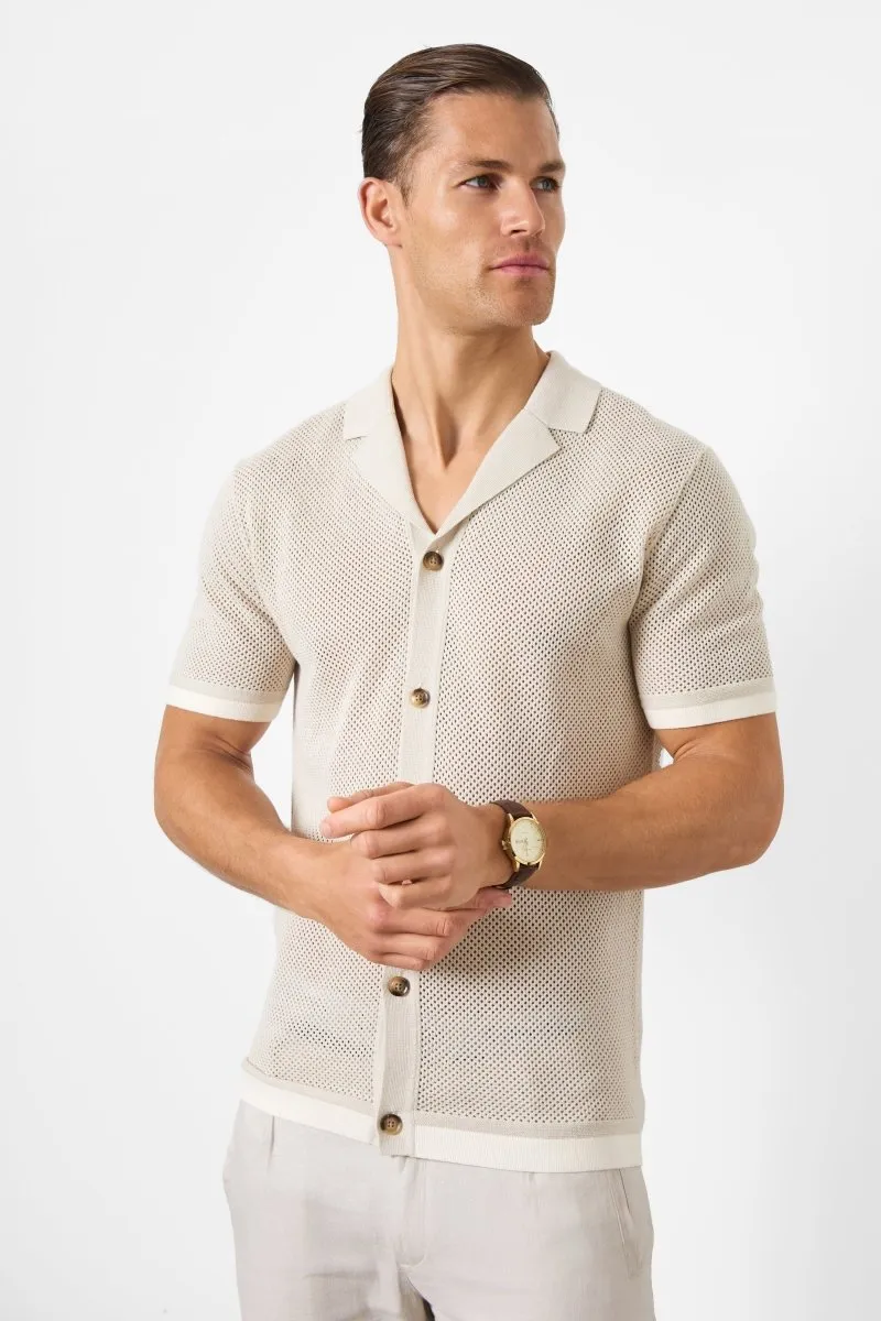 Open Stitch Cuban Collar Knitted Shirt in Stone