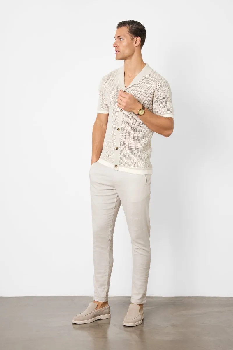 Open Stitch Cuban Collar Knitted Shirt in Stone