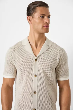 Open Stitch Cuban Collar Knitted Shirt in Stone