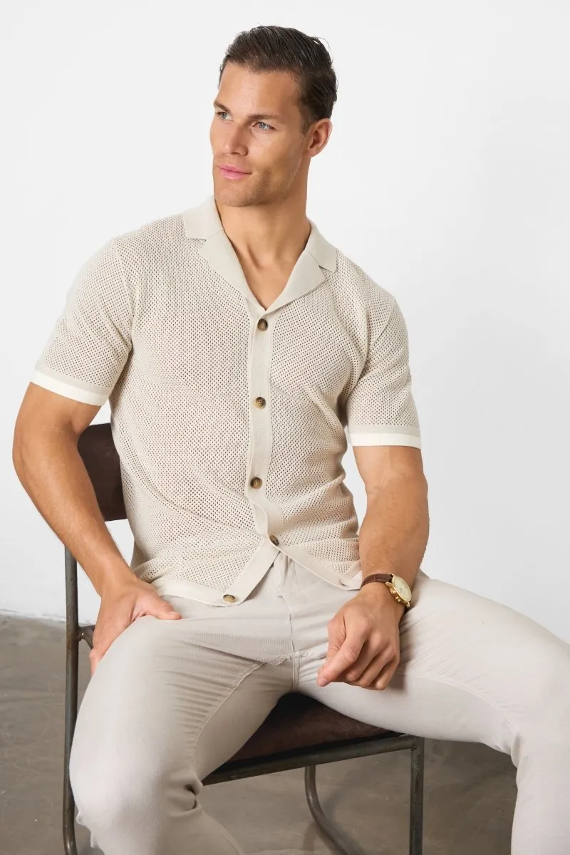Open Stitch Cuban Collar Knitted Shirt in Stone