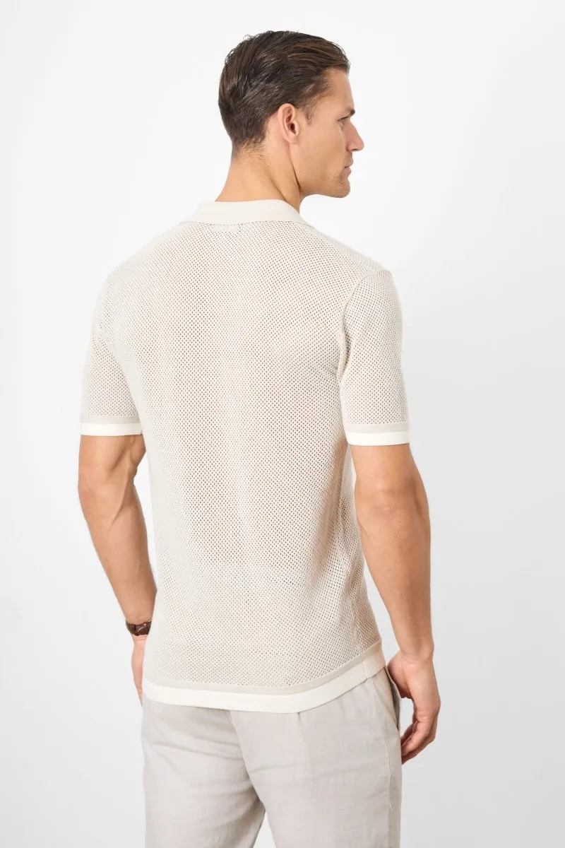 Open Stitch Cuban Collar Knitted Shirt in Stone