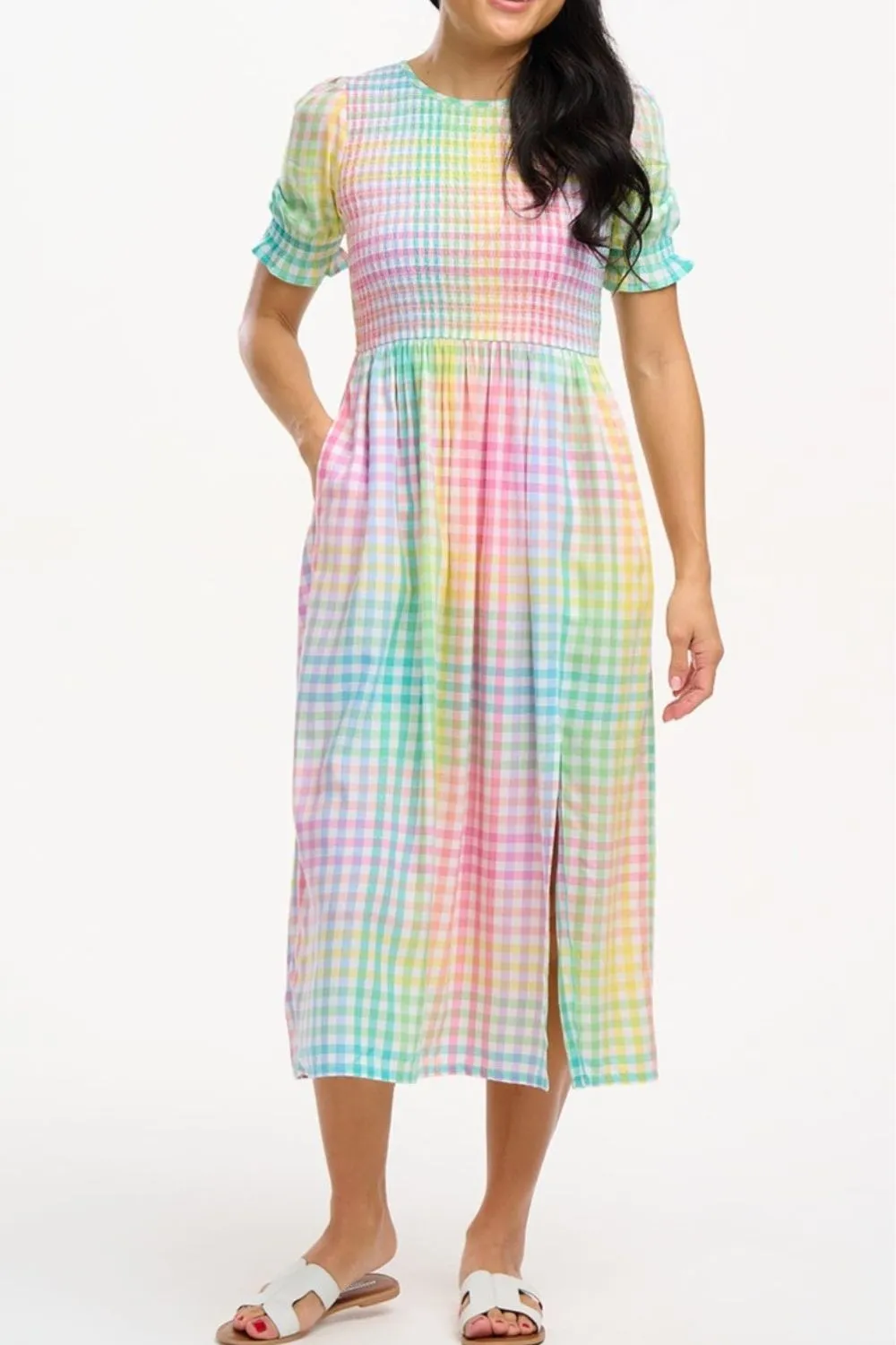 Ophelia Midi Shirred Dress - Multi. Pastel Gingham