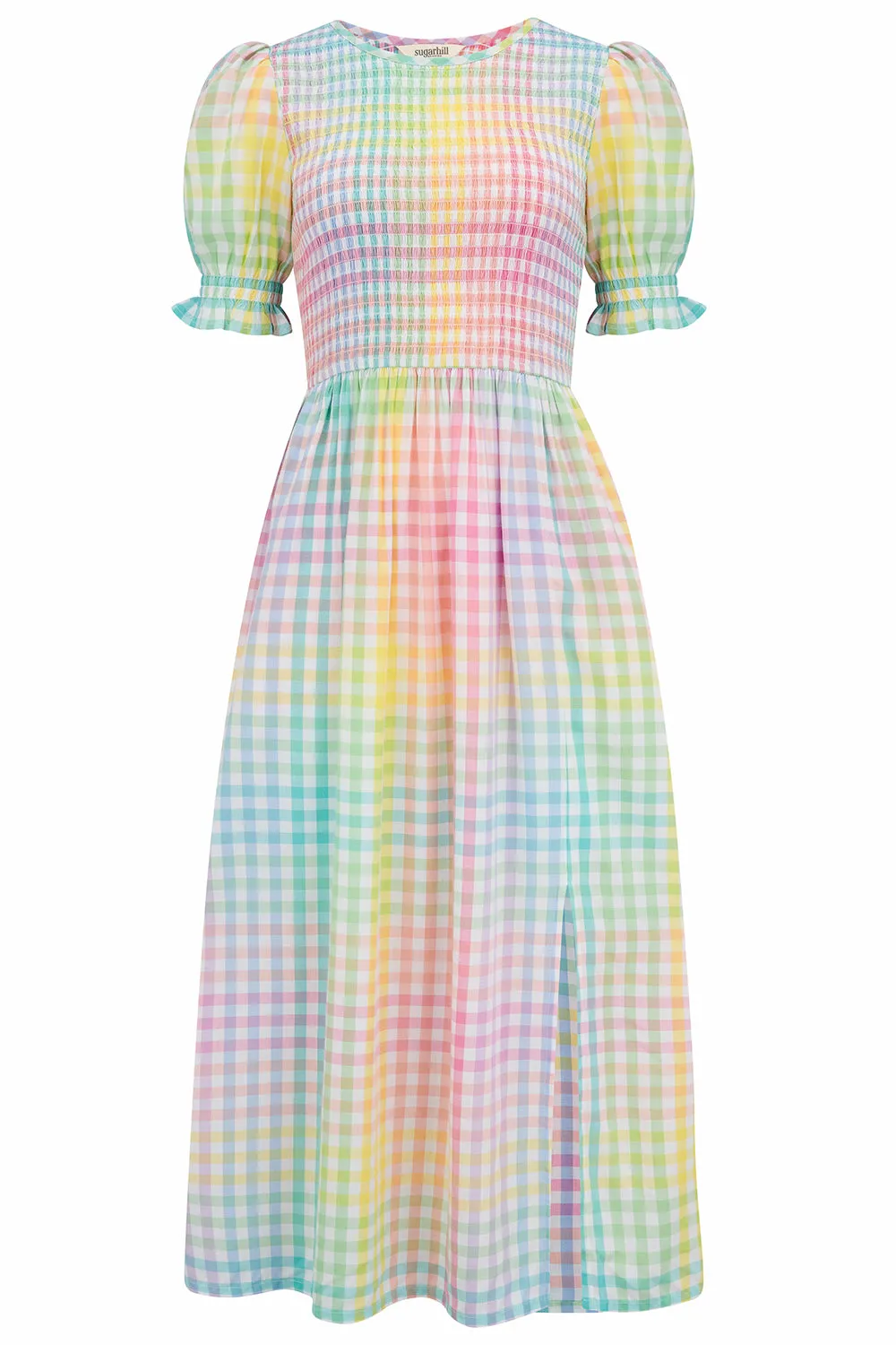 Ophelia Midi Shirred Dress - Multi. Pastel Gingham