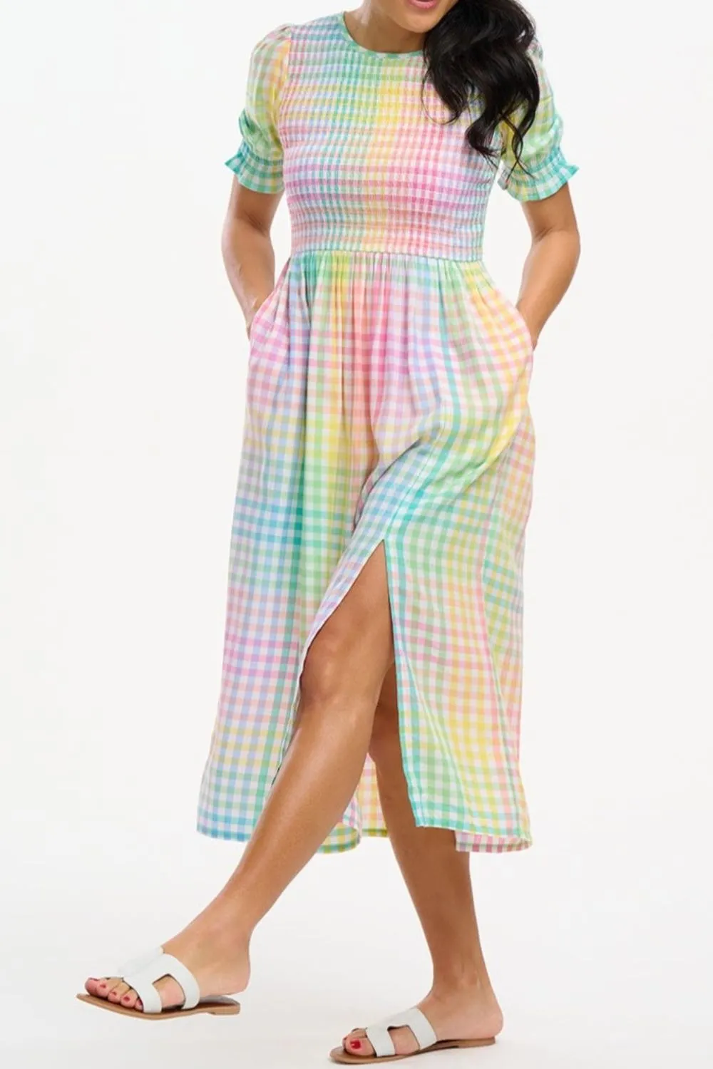 Ophelia Midi Shirred Dress - Multi. Pastel Gingham