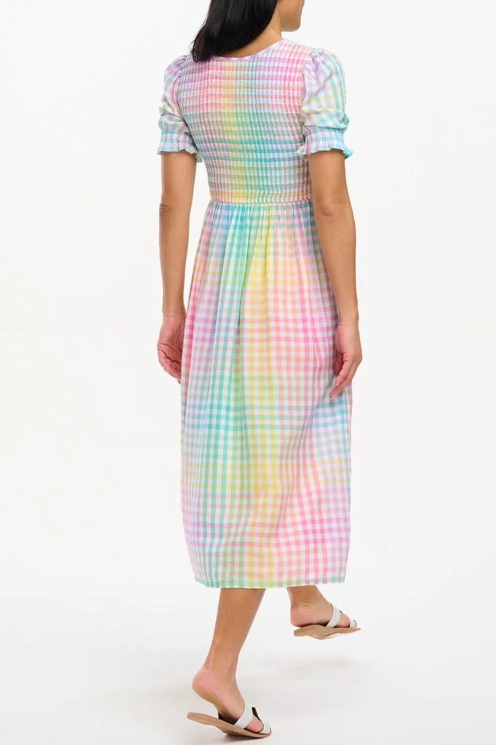 Ophelia Midi Shirred Dress - Multi. Pastel Gingham