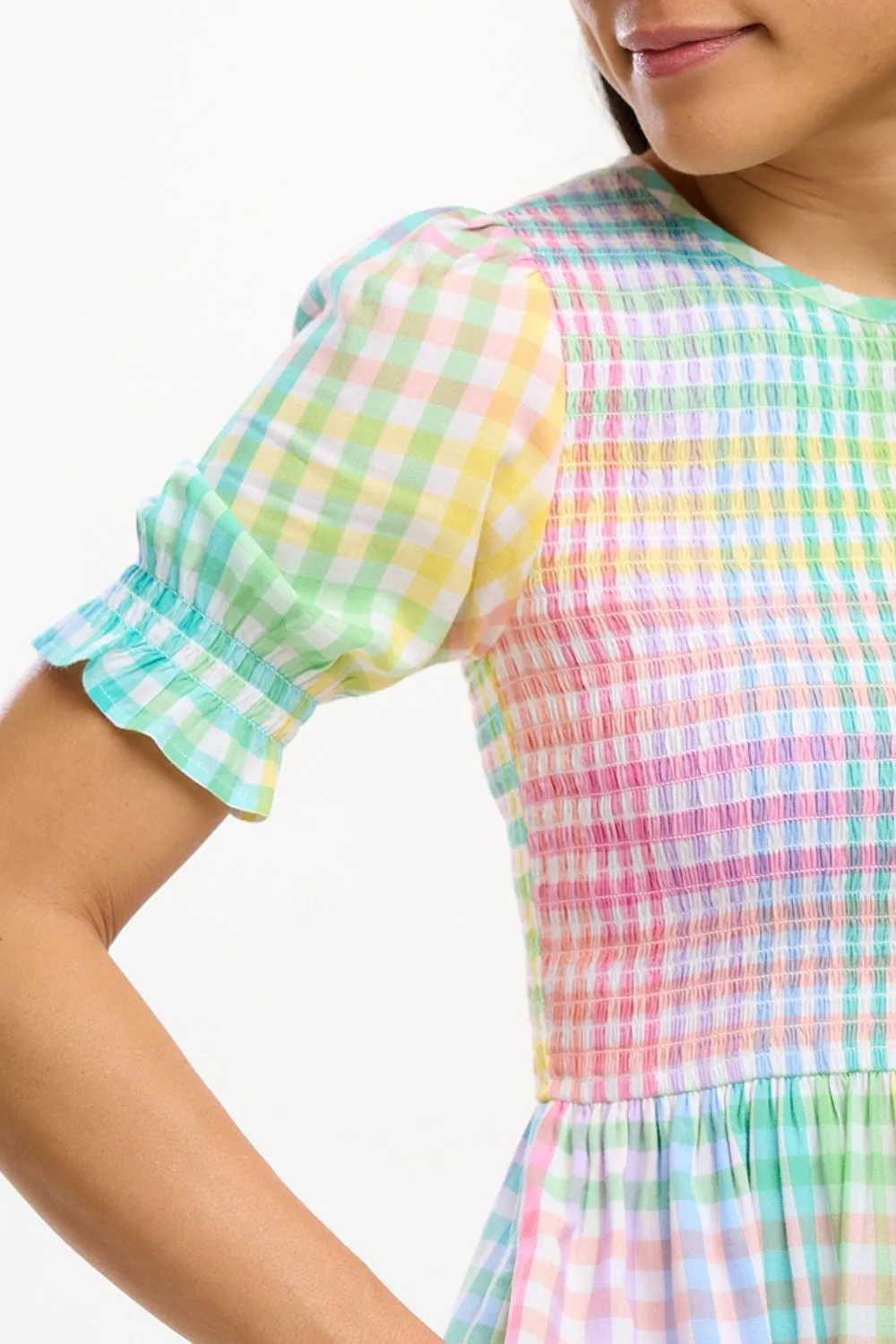 Ophelia Midi Shirred Dress - Multi. Pastel Gingham
