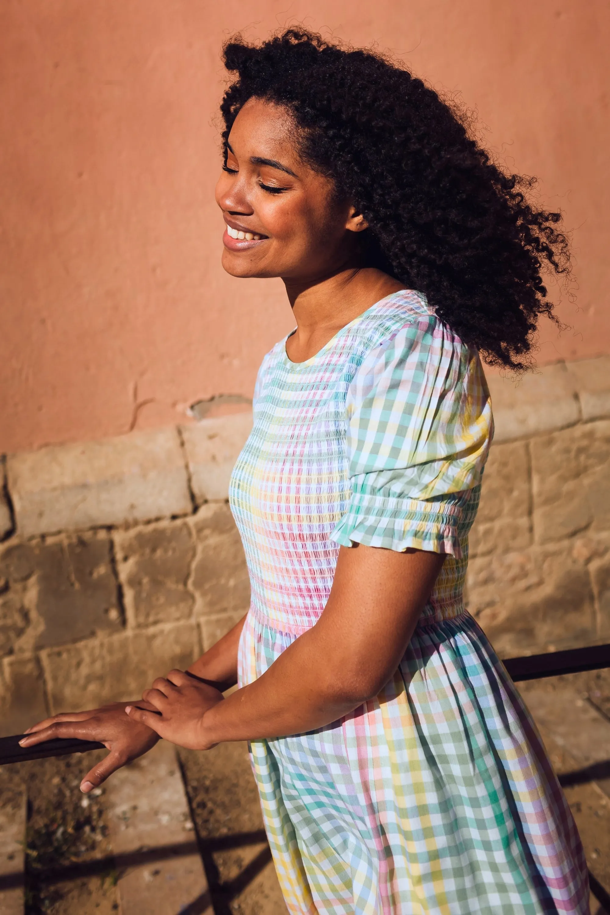 Ophelia Midi Shirred Dress - Multi. Pastel Gingham