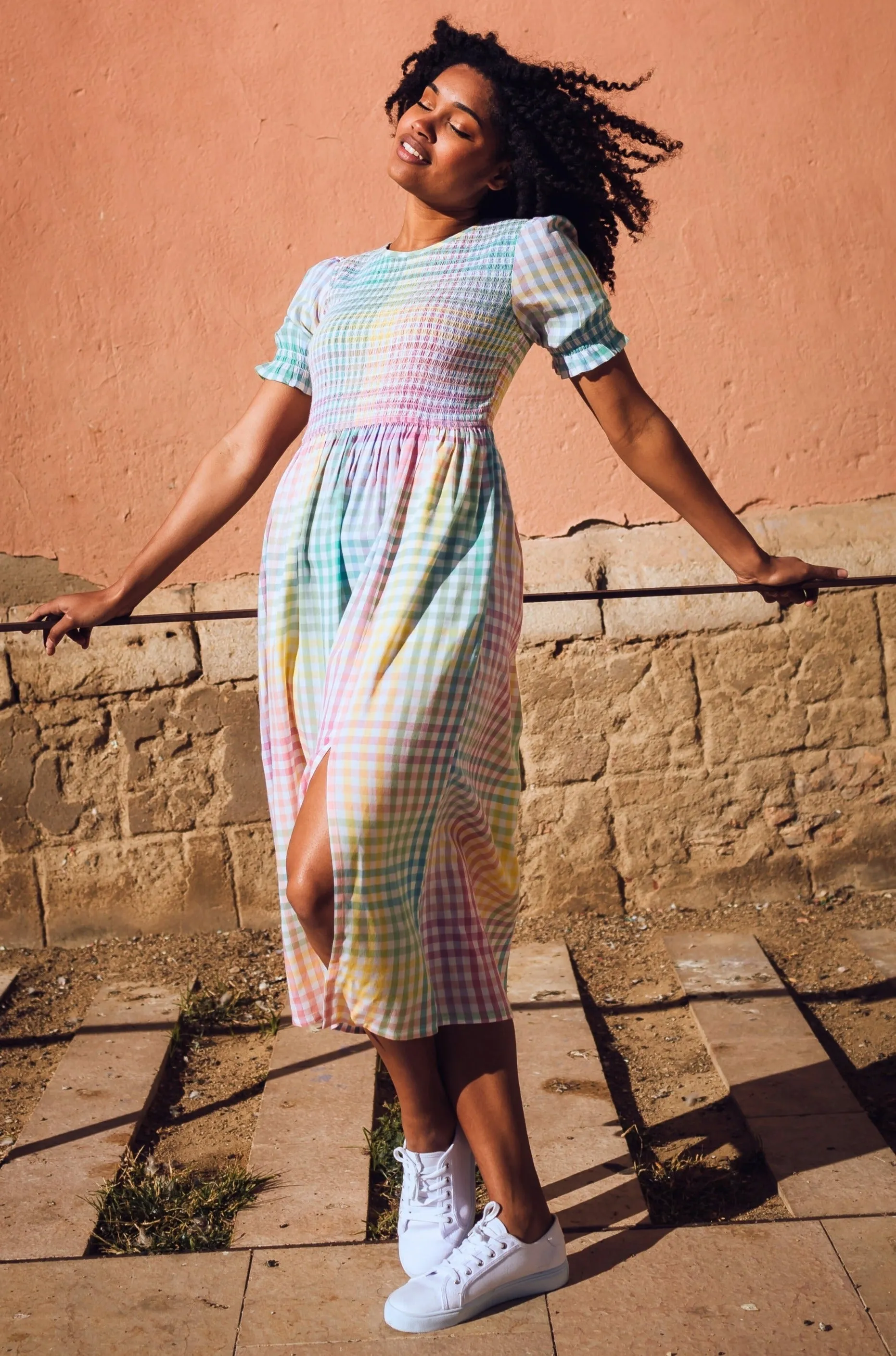 Ophelia Midi Shirred Dress - Multi. Pastel Gingham