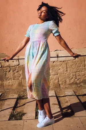 Ophelia Midi Shirred Dress - Multi. Pastel Gingham