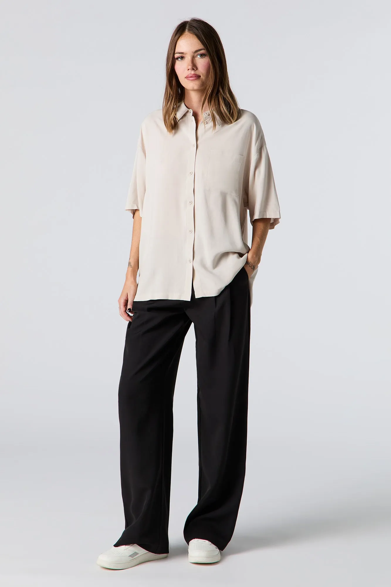 Oversized Short Sleeve Button-Up Top