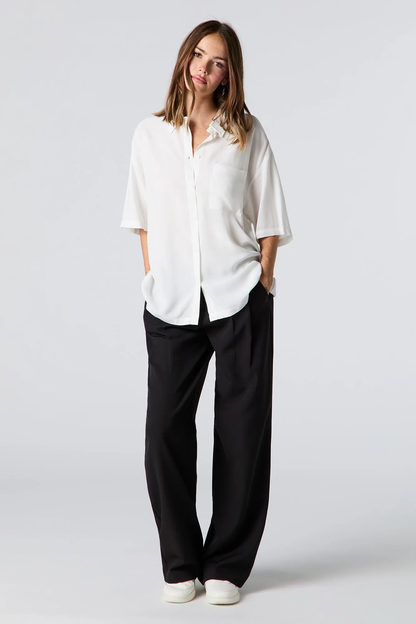 Oversized Short Sleeve Button-Up Top