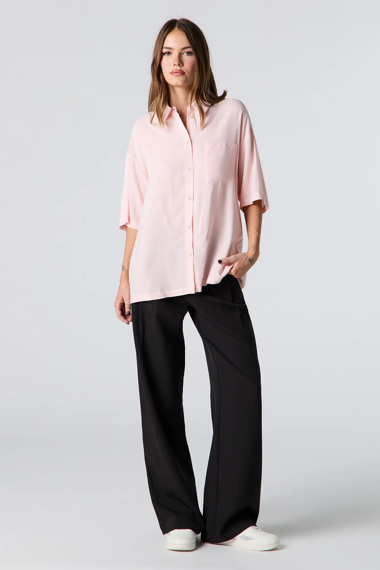 Oversized Short Sleeve Button-Up Top