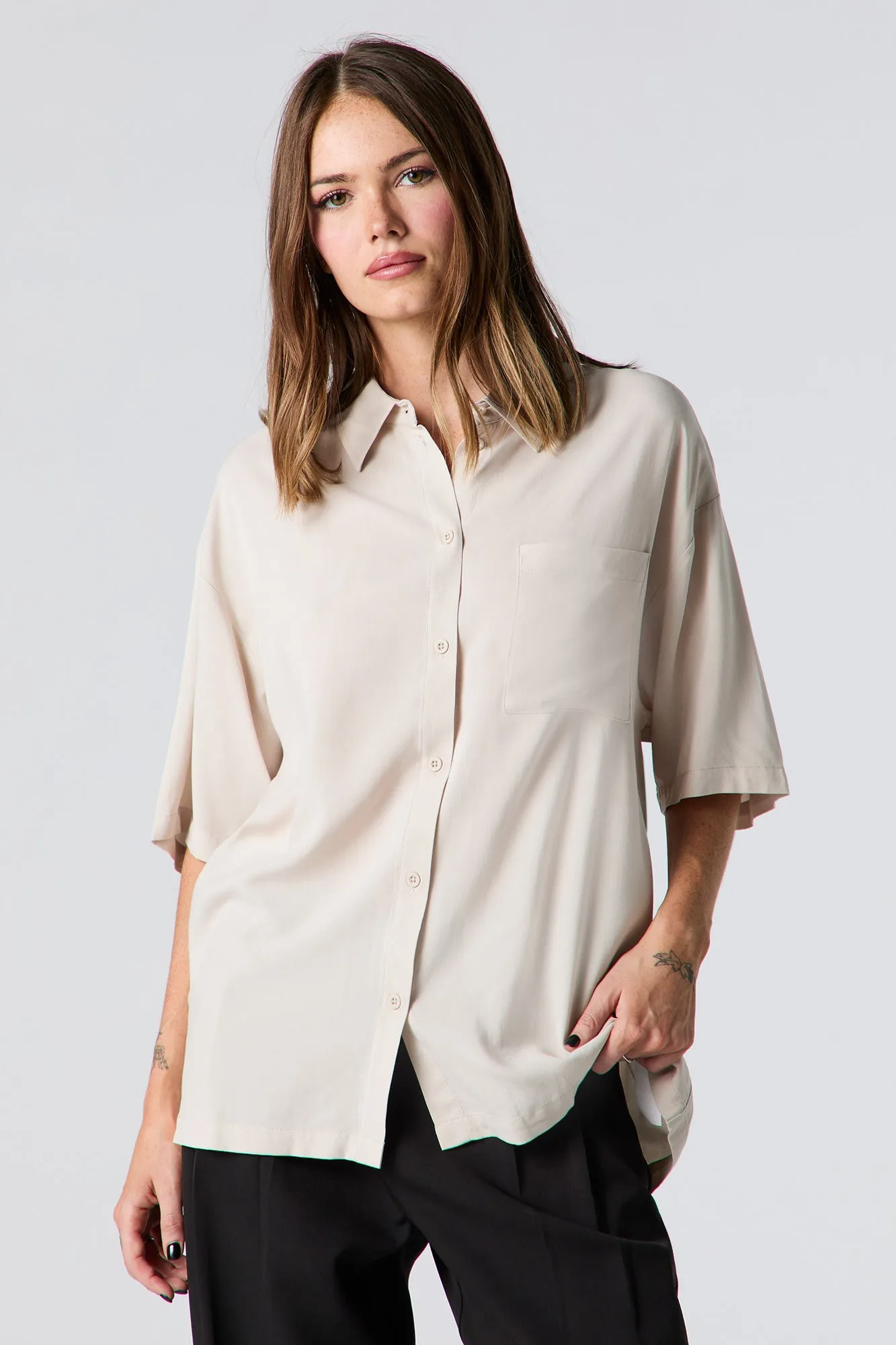 Oversized Short Sleeve Button-Up Top