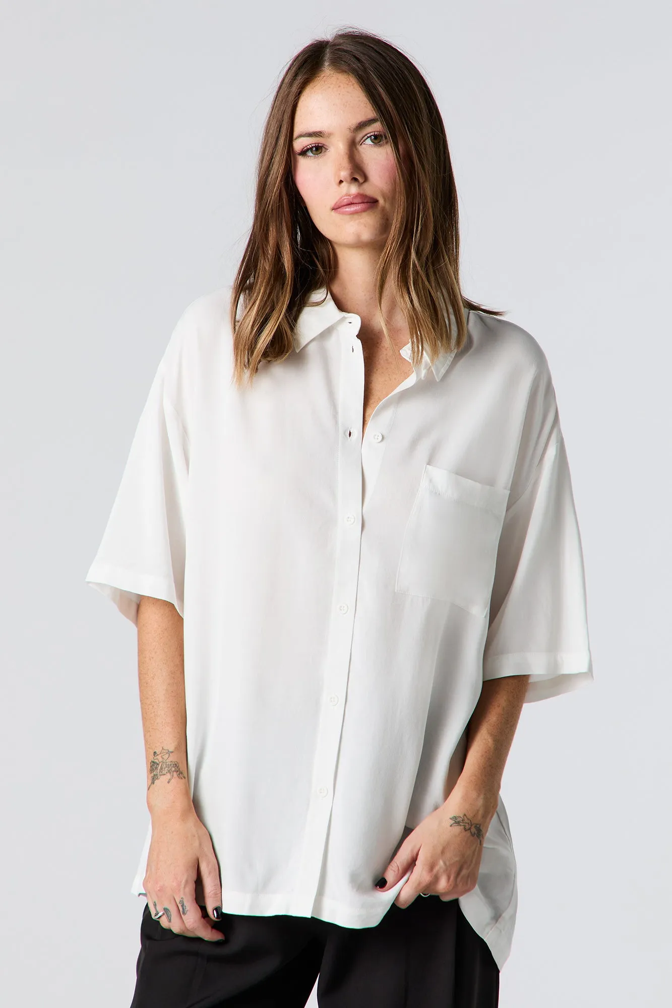 Oversized Short Sleeve Button-Up Top