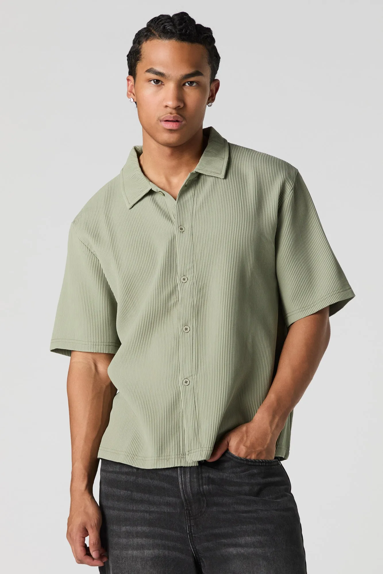 Pleated Boxy Button-Up Top