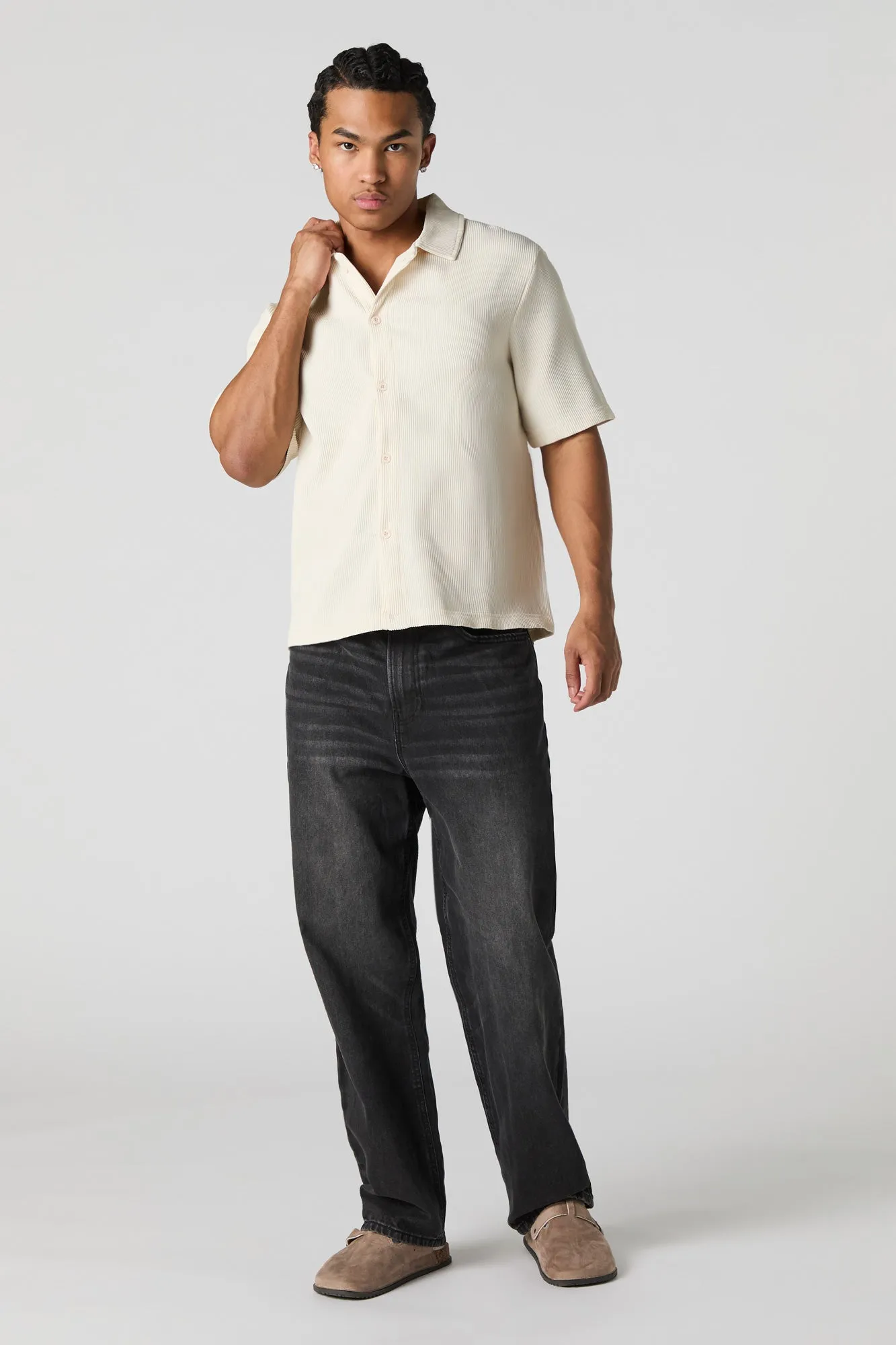 Pleated Boxy Button-Up Top