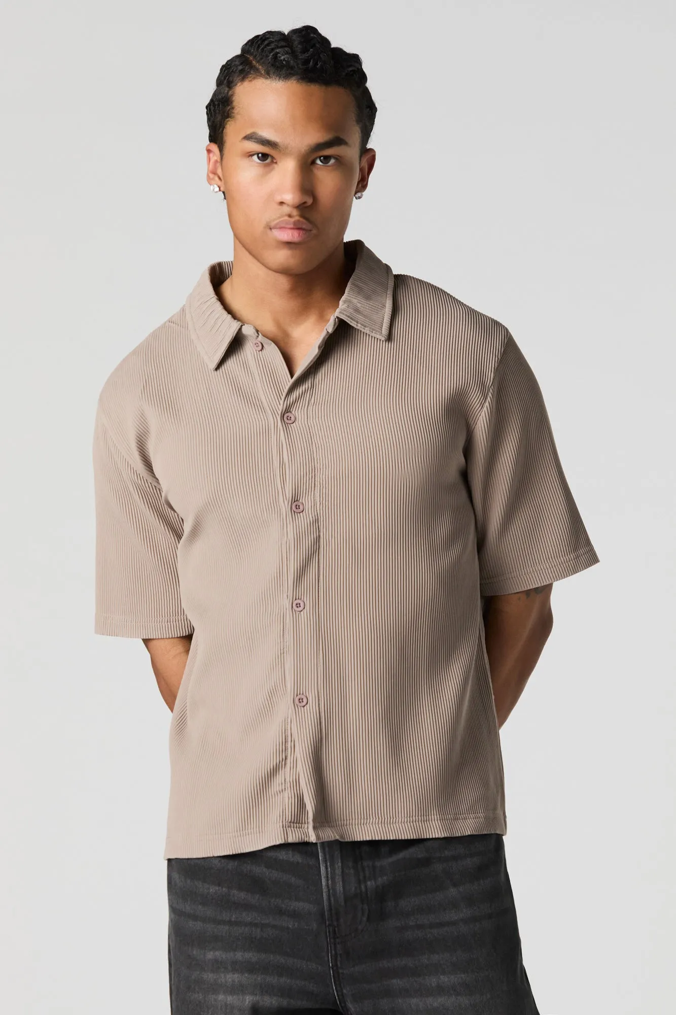Pleated Boxy Button-Up Top
