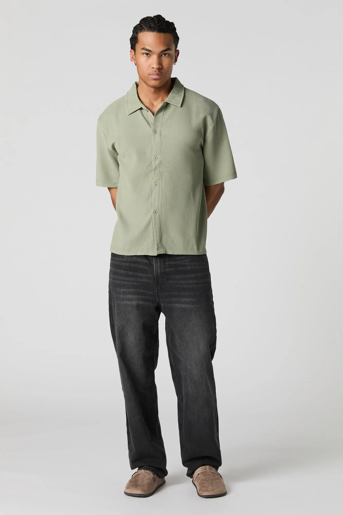 Pleated Boxy Button-Up Top