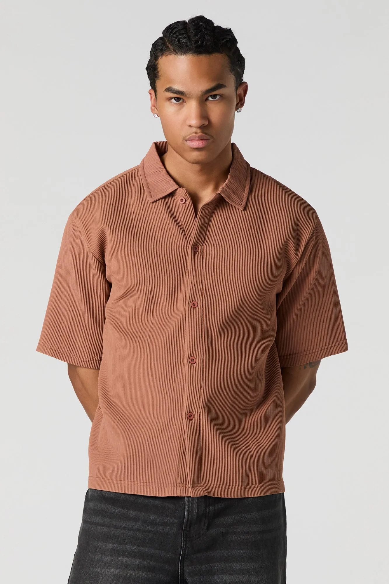 Pleated Boxy Button-Up Top