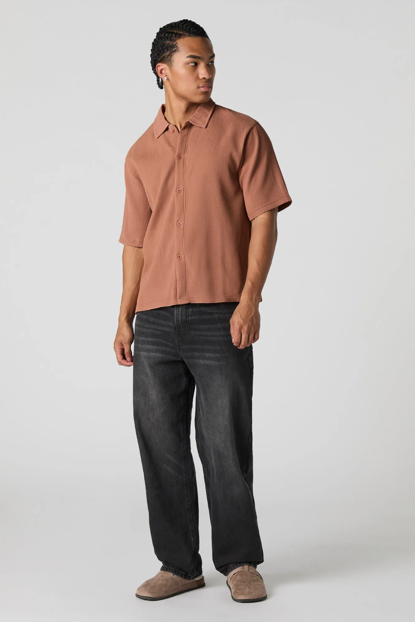 Pleated Boxy Button-Up Top