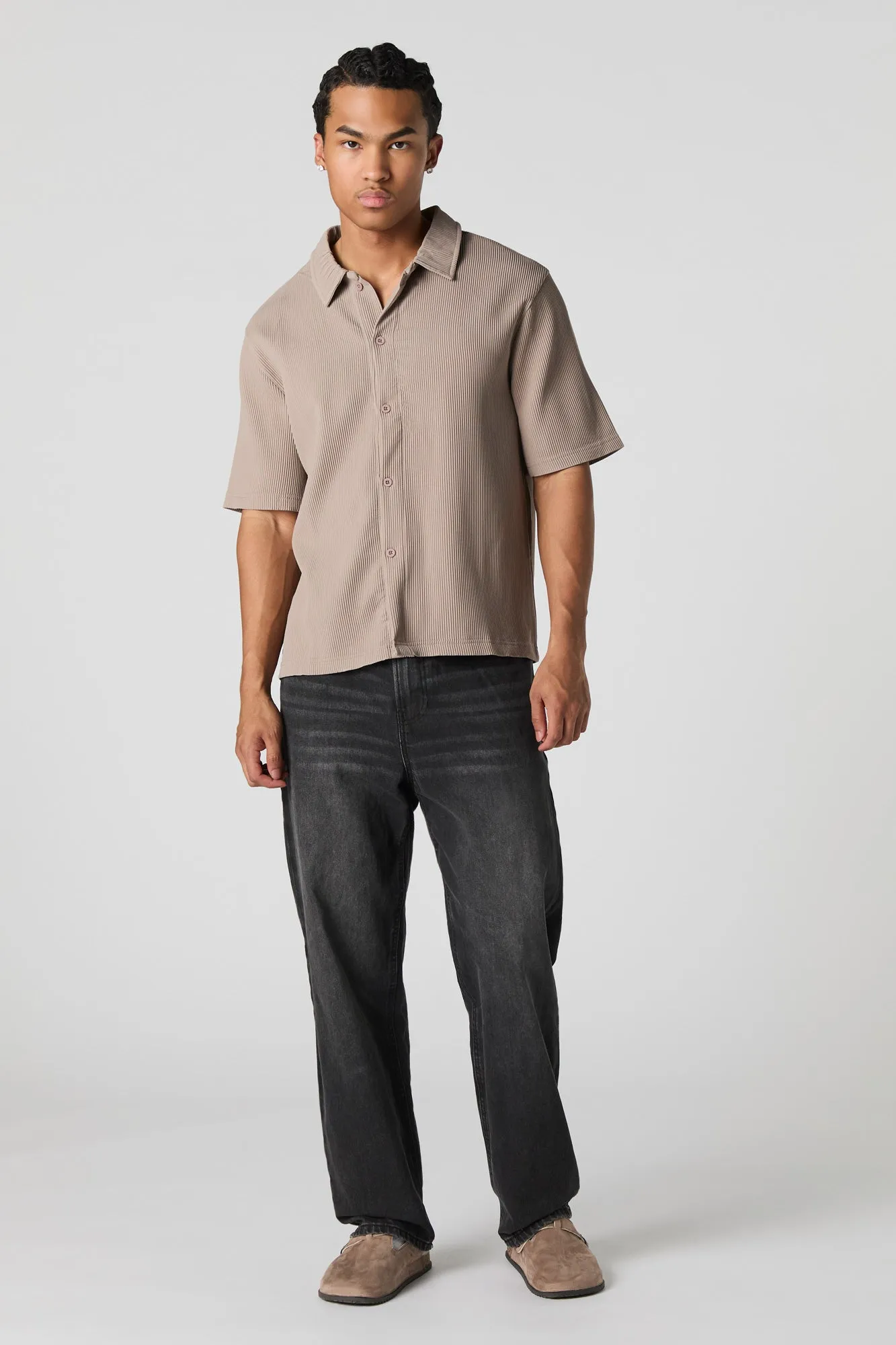 Pleated Boxy Button-Up Top