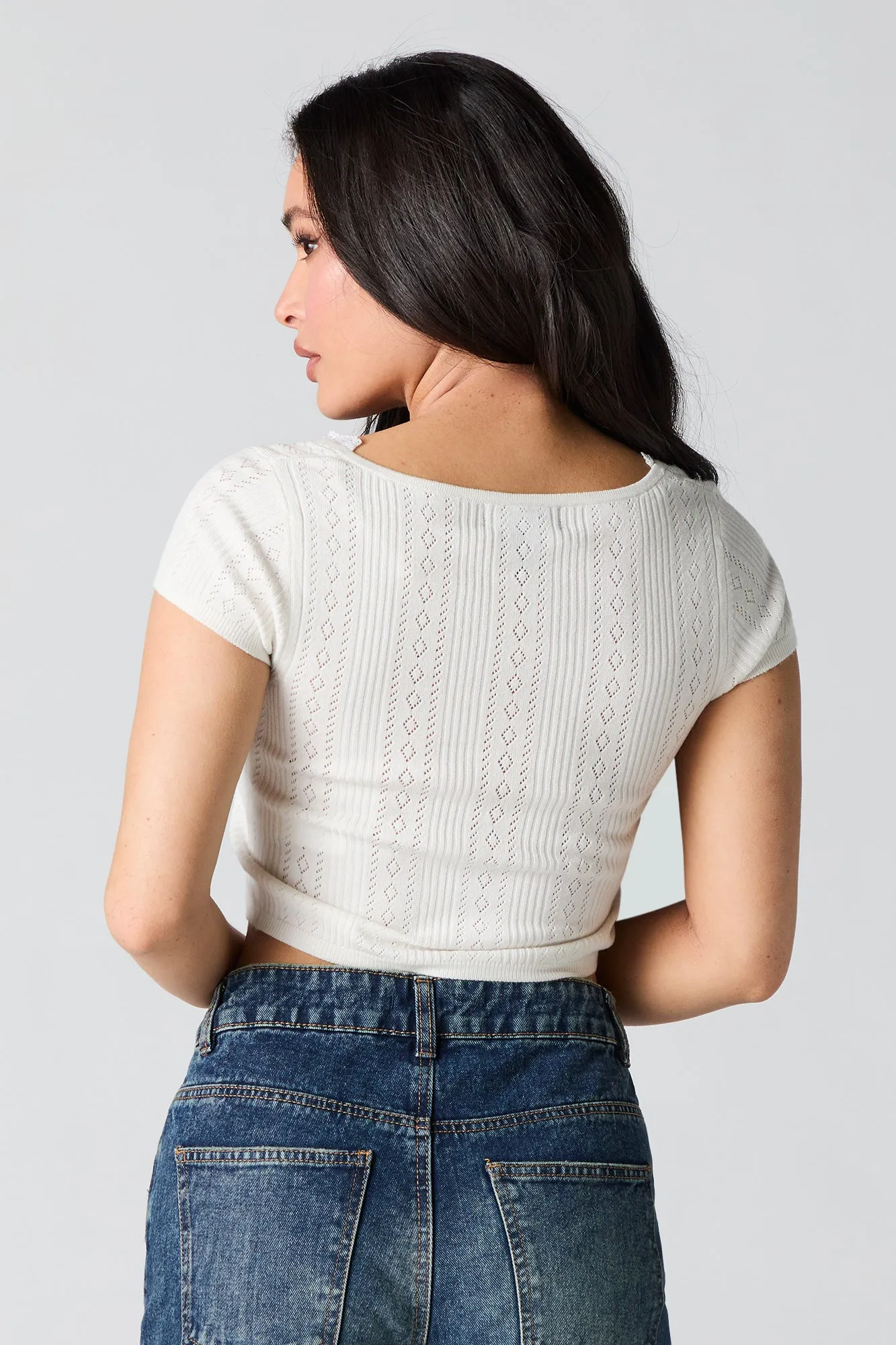 Pointelle Knit Lace Trim Cropped T-Shirt