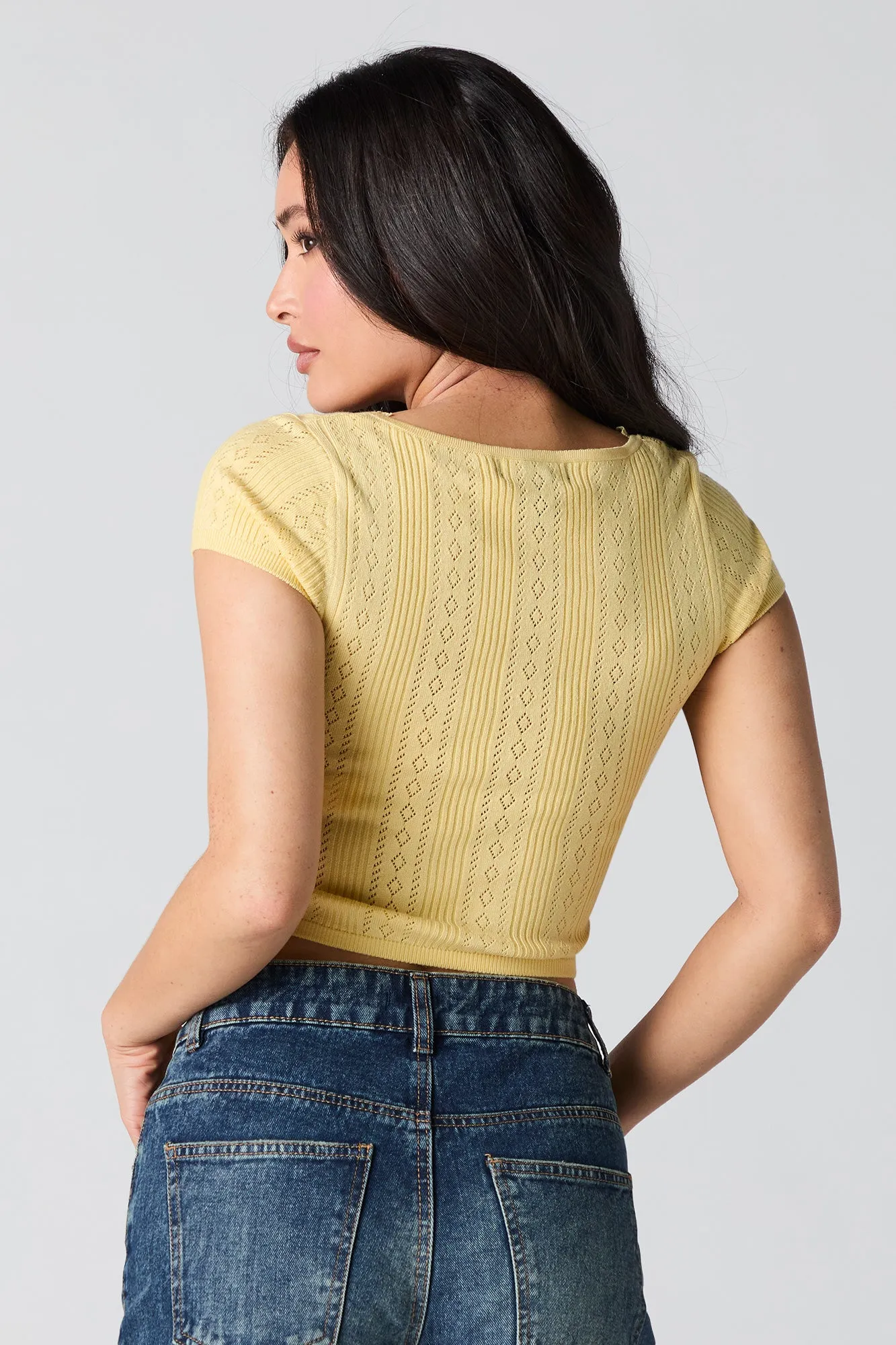Pointelle Knit Lace Trim Cropped T-Shirt
