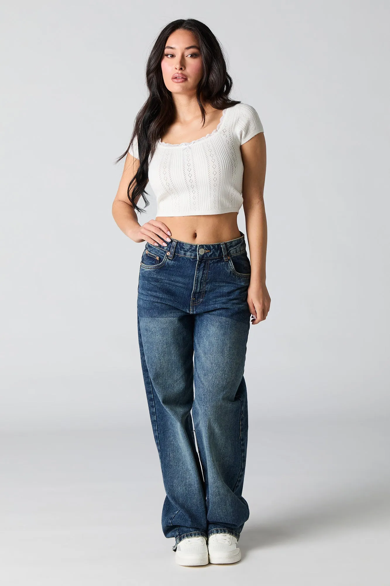 Pointelle Knit Lace Trim Cropped T-Shirt