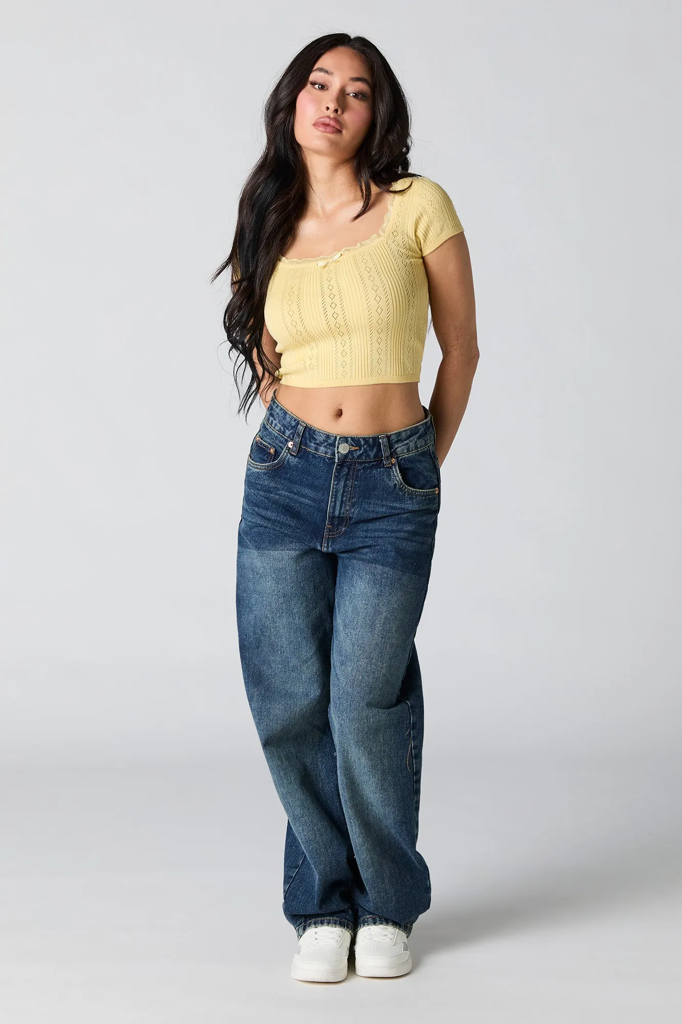 Pointelle Knit Lace Trim Cropped T-Shirt