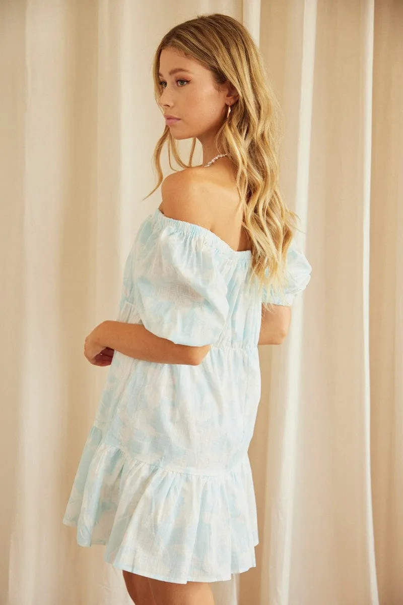 Print Mini Dress Short Sleeve Square Neck