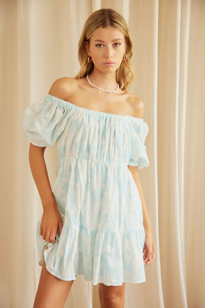 Print Mini Dress Short Sleeve Square Neck
