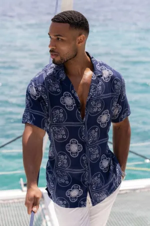 Printed Shirt in Navy/White Paisley Palm