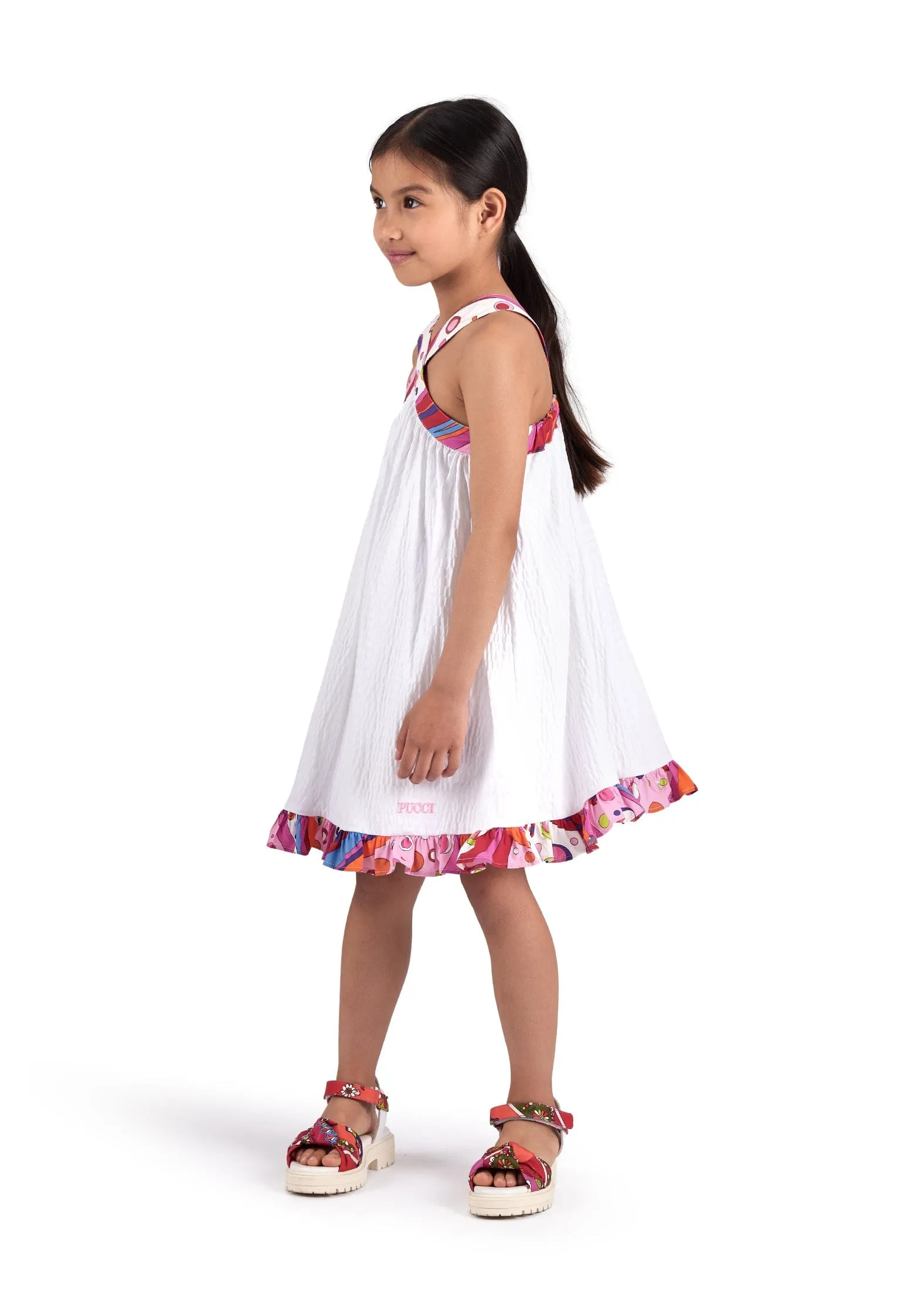 PUCCI Girls Sleeveless Seersucker Dress in White