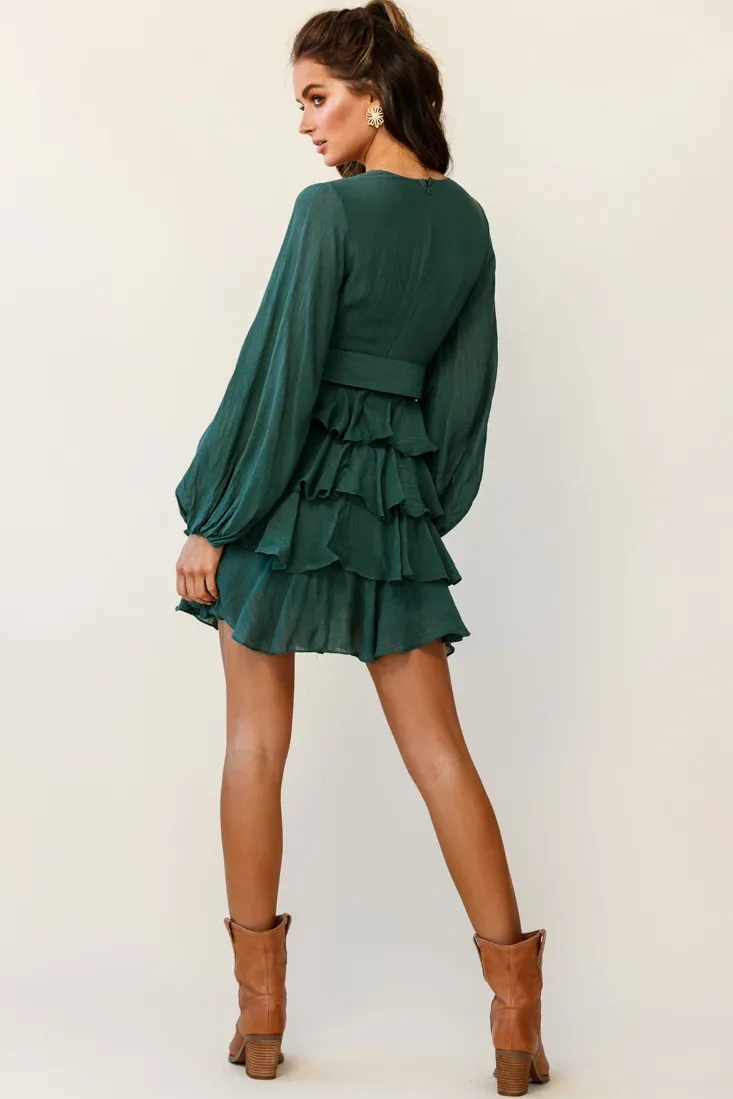 Queensland Balloon Sleeve Tiered Frill Belt Dress Green