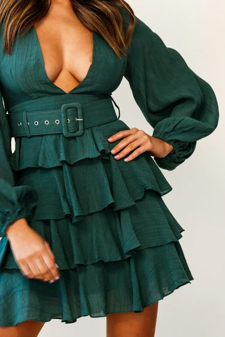 Queensland Balloon Sleeve Tiered Frill Belt Dress Green