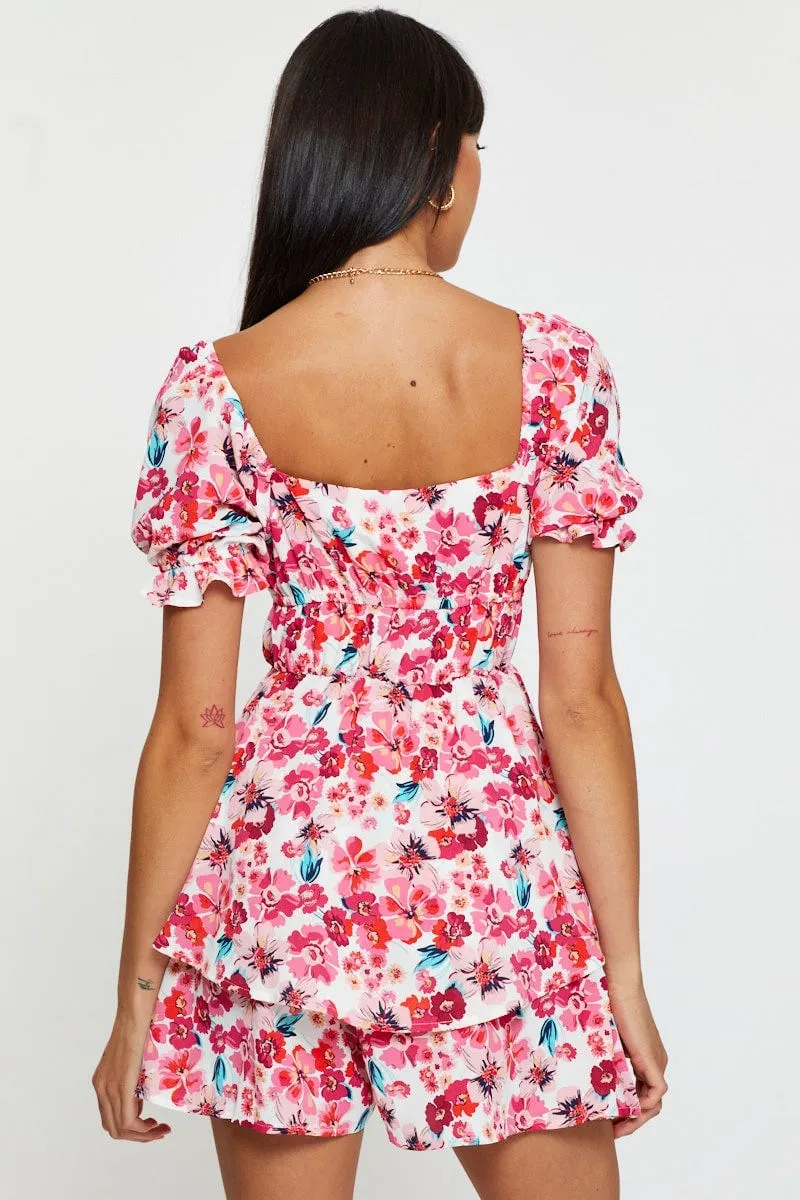 Red Print Playsuit Short Sleeve Evening