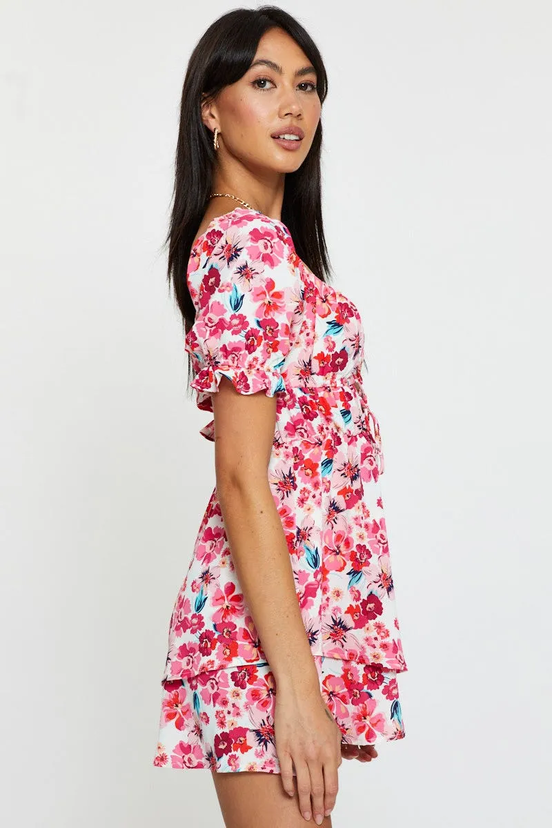 Red Print Playsuit Short Sleeve Evening